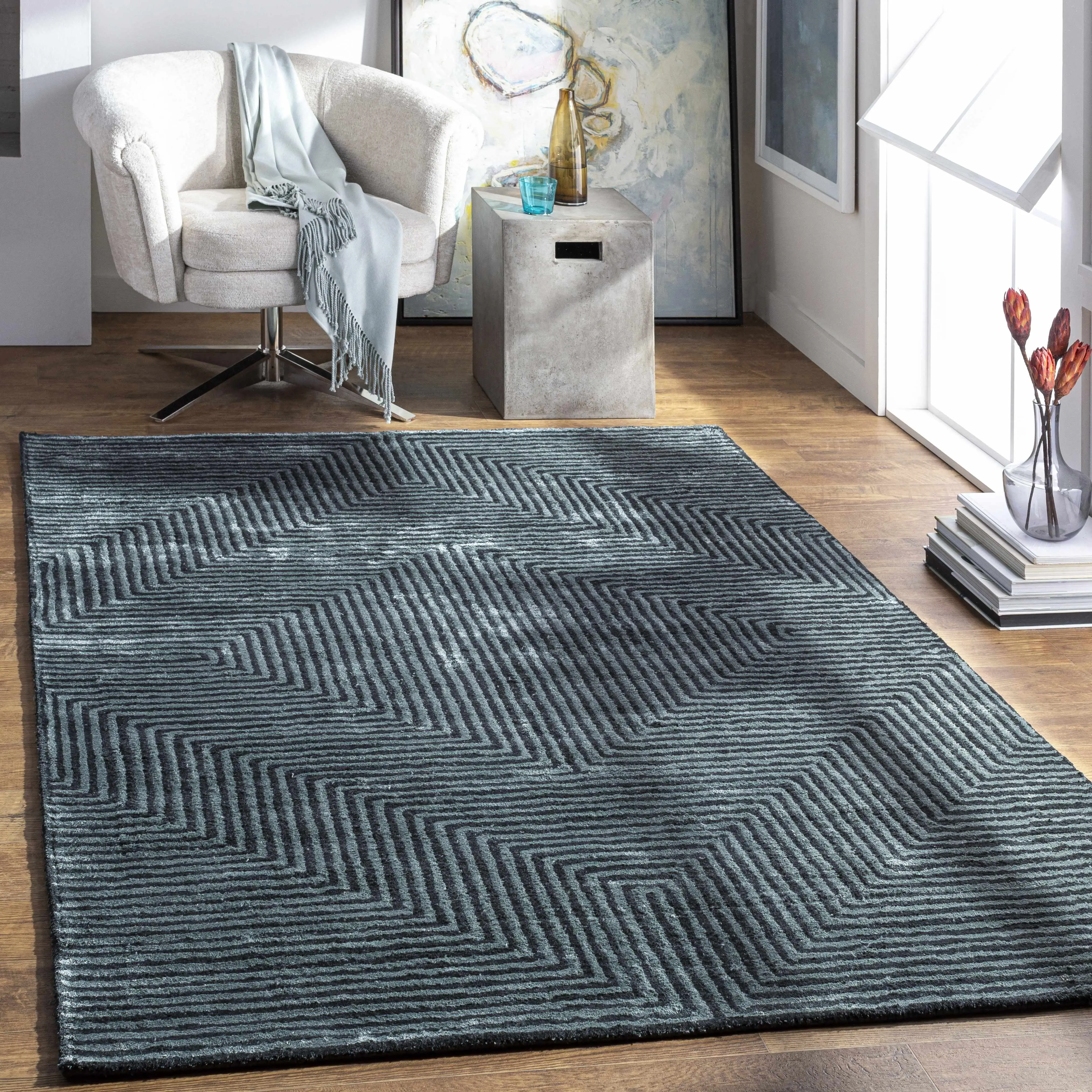 Geometric Viscose Area Rug - Quartz Patterned, Sheen Blue-Green, Striped Rectangle, Stylish Household Textile Room Decor Carpet, Geometric Rug, Stripes