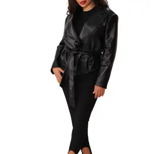Faux Leather Moto Jacket with Belted Waist Notch Lapel Structured Shoulders 100% Polyester 5% Elastane Bold Style Casual Tops Coats Womenswear
