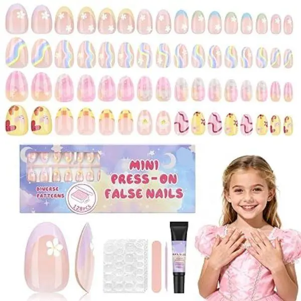 Kids Press On Nails 128 PCS Kids Fake Nails Kit 16 Sizes Colorful Flower Almond Stick On Nails for Girls Reusable False Nails with Jelly Nail Adhesive Tabs & Nail Glue Birthday Easter Gift 4 Pack