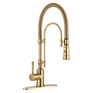 WOWOW Modern High Arc Gooseneck Spout Kitchen Faucet - 2-Function Single Handle Magnetic Dock Pull Down Sprayer with Spring Tube, Solid Brass Vintage Glam Brushed Gold Tap with 2 Modes for Home Decor