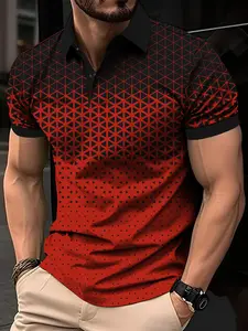 Men's Regular Fit Ombre Geometric Print Short Sleeve Jersey Polo Shirt, Casual Graphic Button Front Half Placket Collared Top for Summer, Polo Tees, Back-to-School Clothing, Streetwear, Polo Shirts Men, Menswear