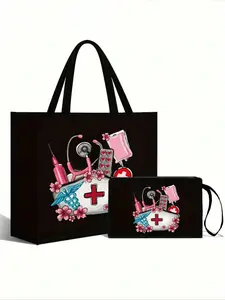 Nurse Pattern Shoulder Bag - Women's Handbag, Portable Tote Bag, Wrist Strap Wallet, Cosmetic Bag, Coin Purse, Large Capacity Linen Tote Bag For Women. Big Capacity, Shopping Bag. Women's Gift, Holiday Shoulder Bag, Nurse Gift