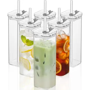 6 Sets Square Drinking Glass Cups, Old Fashioned Glasses, 17 Oz Square Glasses, Clear Highball Modern Glassware Tumbler Mixed Drinkware with Straws for Cocktail Coffee Juice Beer (Square-6PCS)