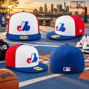 Montreal Expos Hat New Era – Baseball 59FIFTY Fitted Cap, White Red Blue Flat Brim Sports Hat, Unisex Streetwear Style