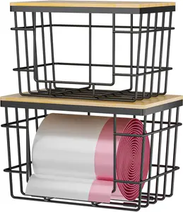 pantry storage organizers,kitchen organization,2-Piece Trash Bag Storage Set: Extra-Large Capacity Trash Bag Dispenser (with Bamboo Lid) Wall-Mounted, Stackable Design for Kitchen, Laundry Room, and Under-Sink Organization