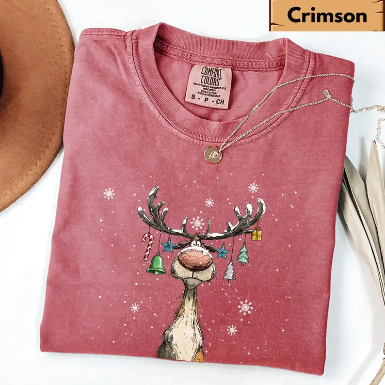 Comfort Colors Vintage Reindeer Shirt, Retro Christmas Graphic Tee, Cute Merry Christmas T-Shirt, Cozy Holiday Reindeer Apparel, Festive Winter Gift