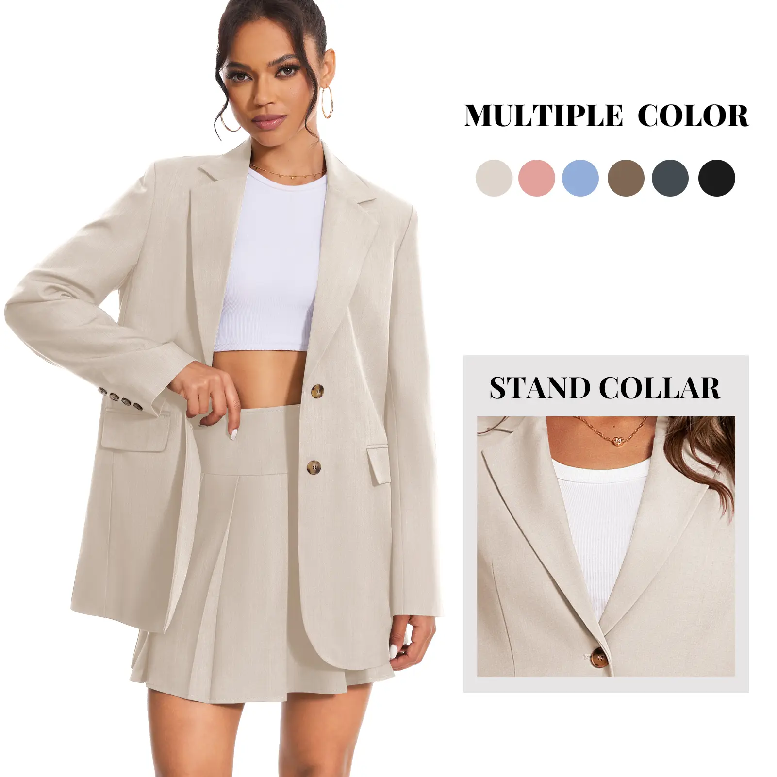 Women's 2-Piece Skirt Suit Set, Elegant Solid Twill Office Wear with a Single-Button Blazer and High-Waist Pleated Mini Skirt, Clothes, Nylon, Versatile, Smooth To Touch, Machine Washable