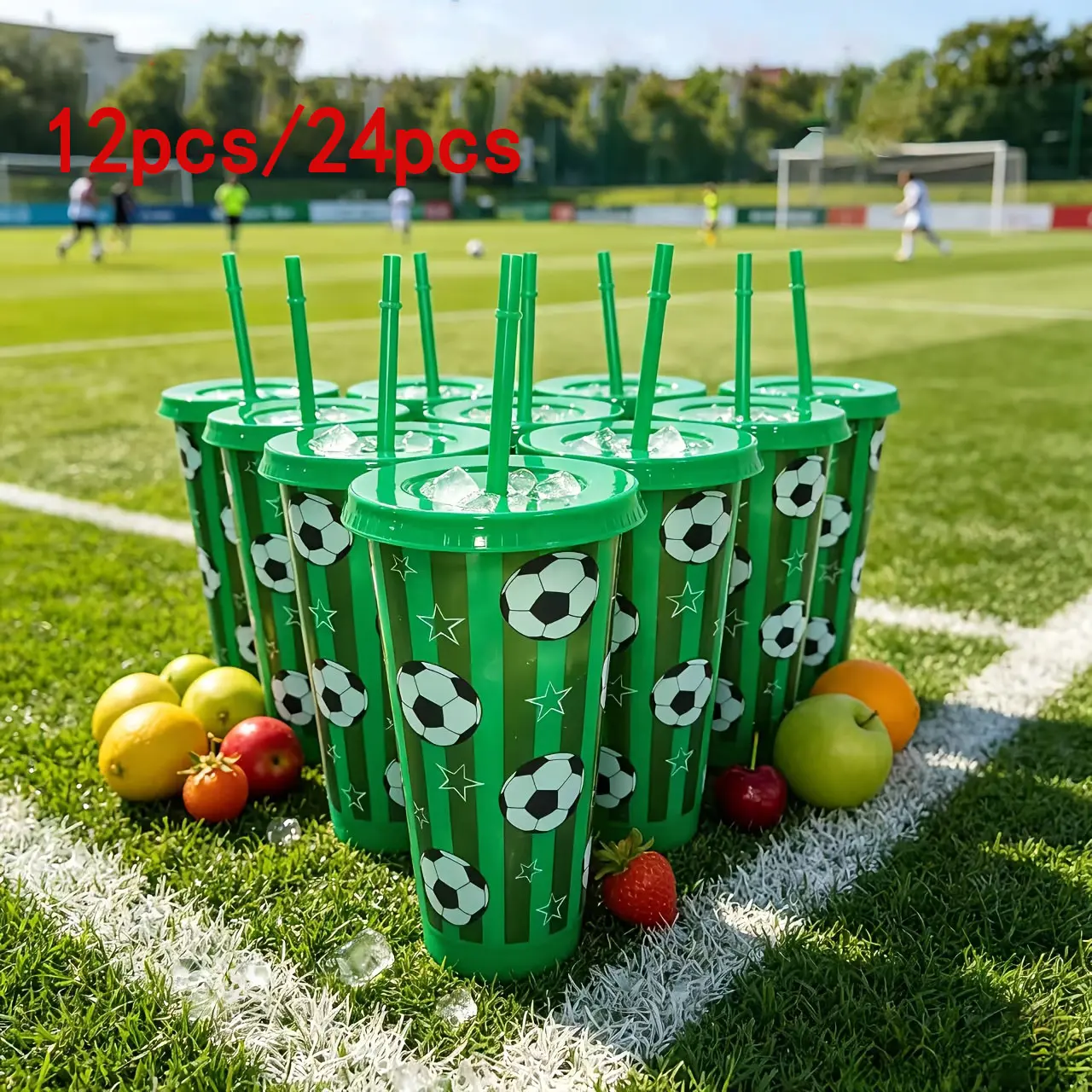 12/24-Pack 24oz Green Soccer-Themed Plastic Cups with Leak-Proof Lids & Individually Wrapped Straws, Kitchenware Drinkware for Slushies, Iced Coffee, Perfect Gifts for Soccer Lovers, Birthday Party Use