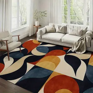 Luxurious Large Velvet Carpet - Thick Turquoise Beige Navy Blue Orange White Black Gray Red Modern Abstract Geometric Pattern, Soft Polypropylene Pile, Suitable For Living Room, Bedroom, Office