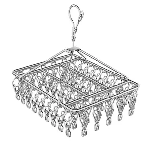 Stainless Steel Clothes Hanging Rack, Wall-Mounted Drying Rack with 50 Clips, Multi-Functional Windproof Hook, Laundry Organizer for Socks, Towels, Underwear, Durable Sturdy Rack