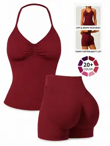 Women's Solid Color Halter Top + High-Waist Shorts Two-Piece Sports Set, Slimming and Figure-Hugging Design, Made of Breathable, Quick-Drying and Stretch Fabric, Ideal for Summer Sports Outfits such as Yoga, Fitness, Running and Training