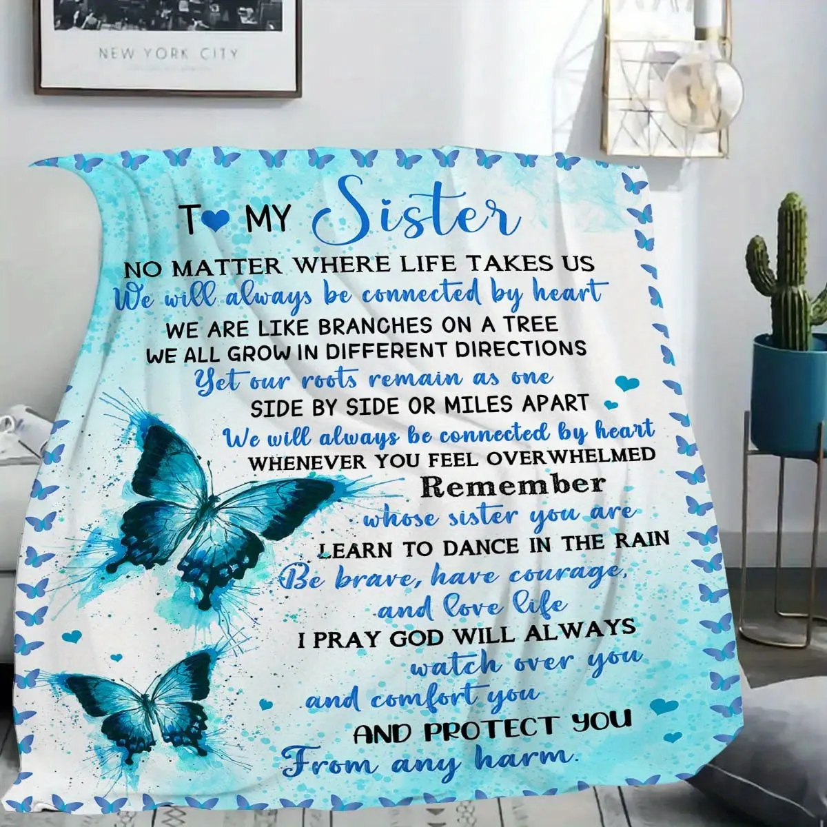 Sisters Inspirational Quotes Knitted Polyester Flannel Blanket- Digital Printed Soft Flannel Blanket, Suitable for Sofa, Bed, Office, All Seasons, Versatile Gift for Sisters- 1pc