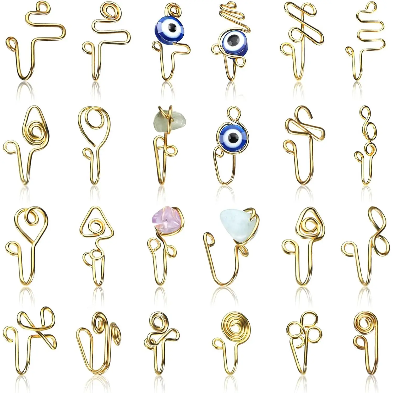 Unisex Nose Cuffs, 24 Pieces African Style Wire Fake Septum Jewelry, Non-Piercing Clip-On with Creative Design, Stretchy Size, Evil Eye Jewelry, Female, Birthday, Anniversary, Beads, Adjustable Size, Open Fit, Stainless Steel, Friends, Happy Birthday