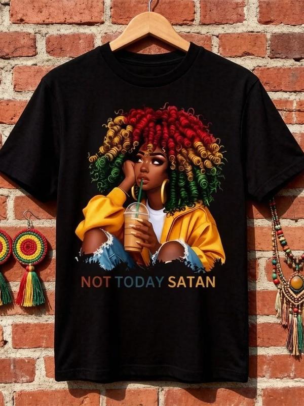 Women's Oversized Vintage Crew Neck Short-Sleeve Tee - "Not Today Satan" Black Queen Graphic, Soft Cotton Retro Look, Breathable Cold Wash Summer Casual Top for Strength Statement, Loose Fit, Cap Sleeve