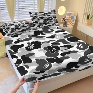 Modern Black-White-Gray Camo Print Fitted Sheet Set (2 Pillowcases), Bed Sheets, Stylish Gift, Eye-Catching Bedroom Decor, Soft & Skin-Friendly Mattress Protection