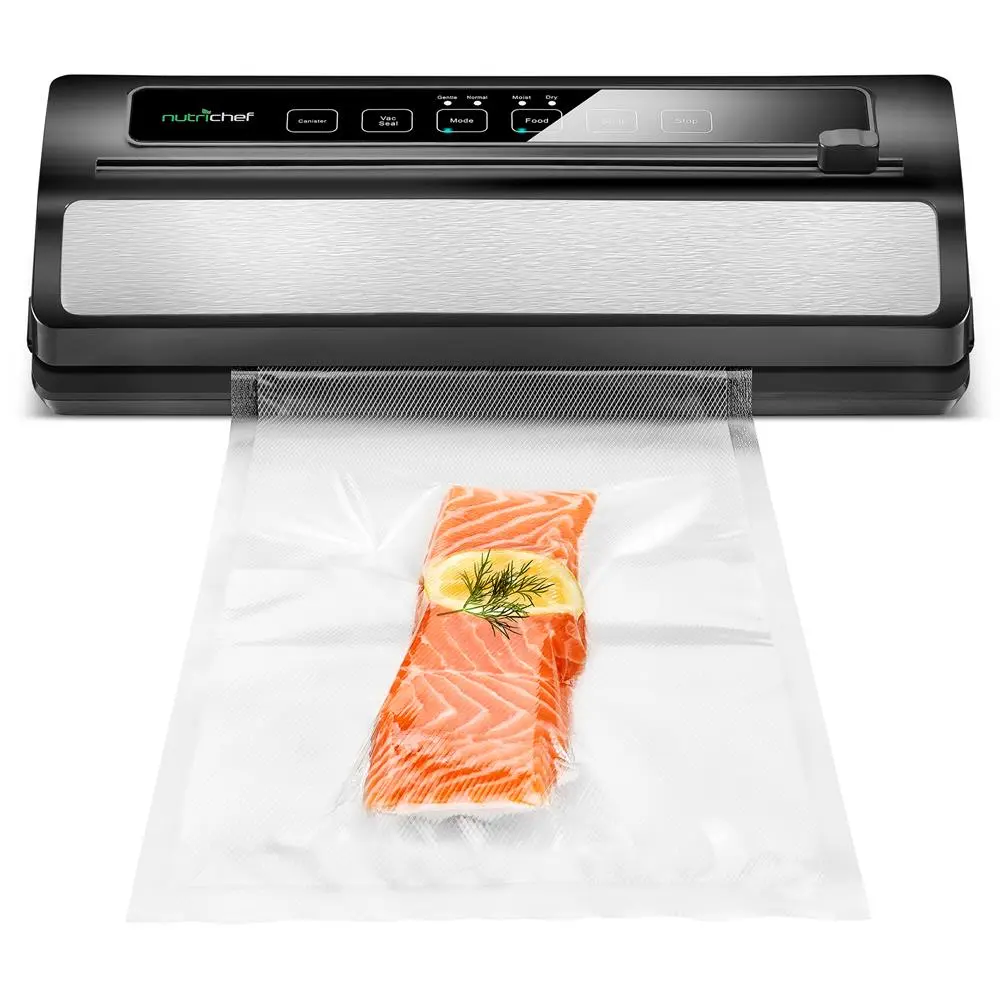 NutriChef Automatic Food Vacuum Sealer for Meal Prep & Food Storage | 110W Powerful Suction, 120V, 12L/min Air Sealing System, Dry & Moist Modes, Built-in Cutter, LED Touch Control, Includes Bags, Roll & Hose - Kitchen Appliance