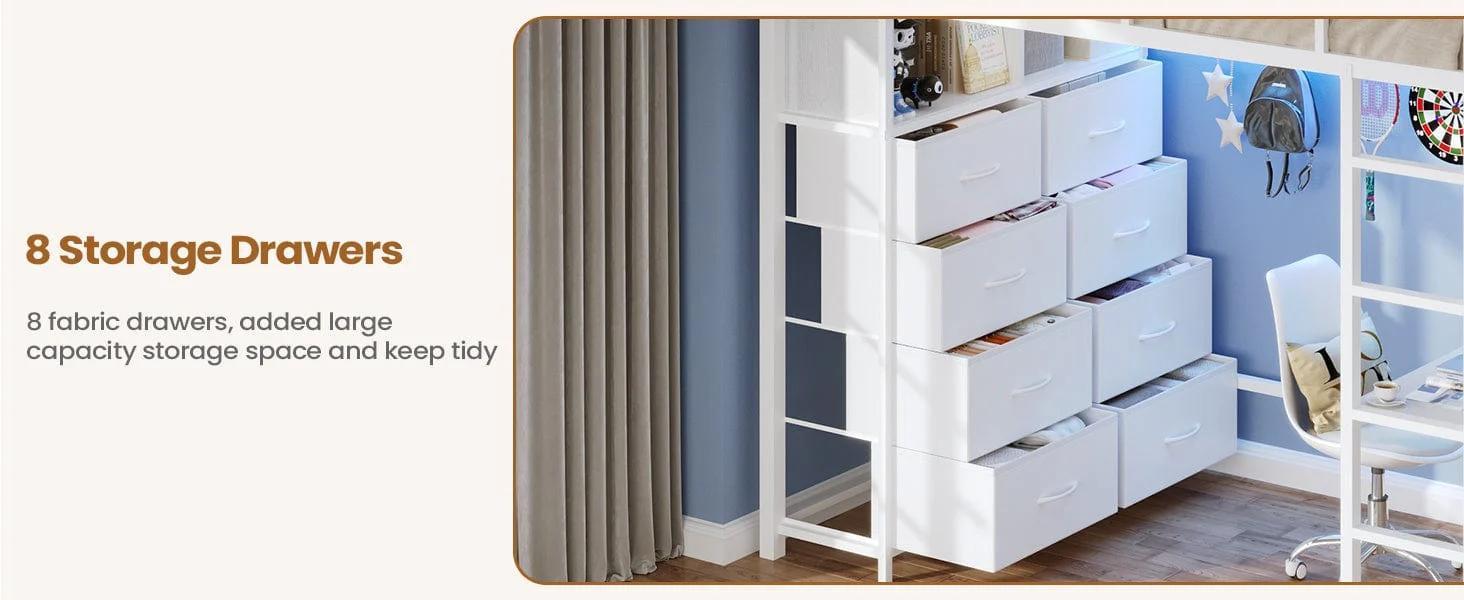 Twin Size LED Loft Bed Frame with Desk and 8 Drawers White