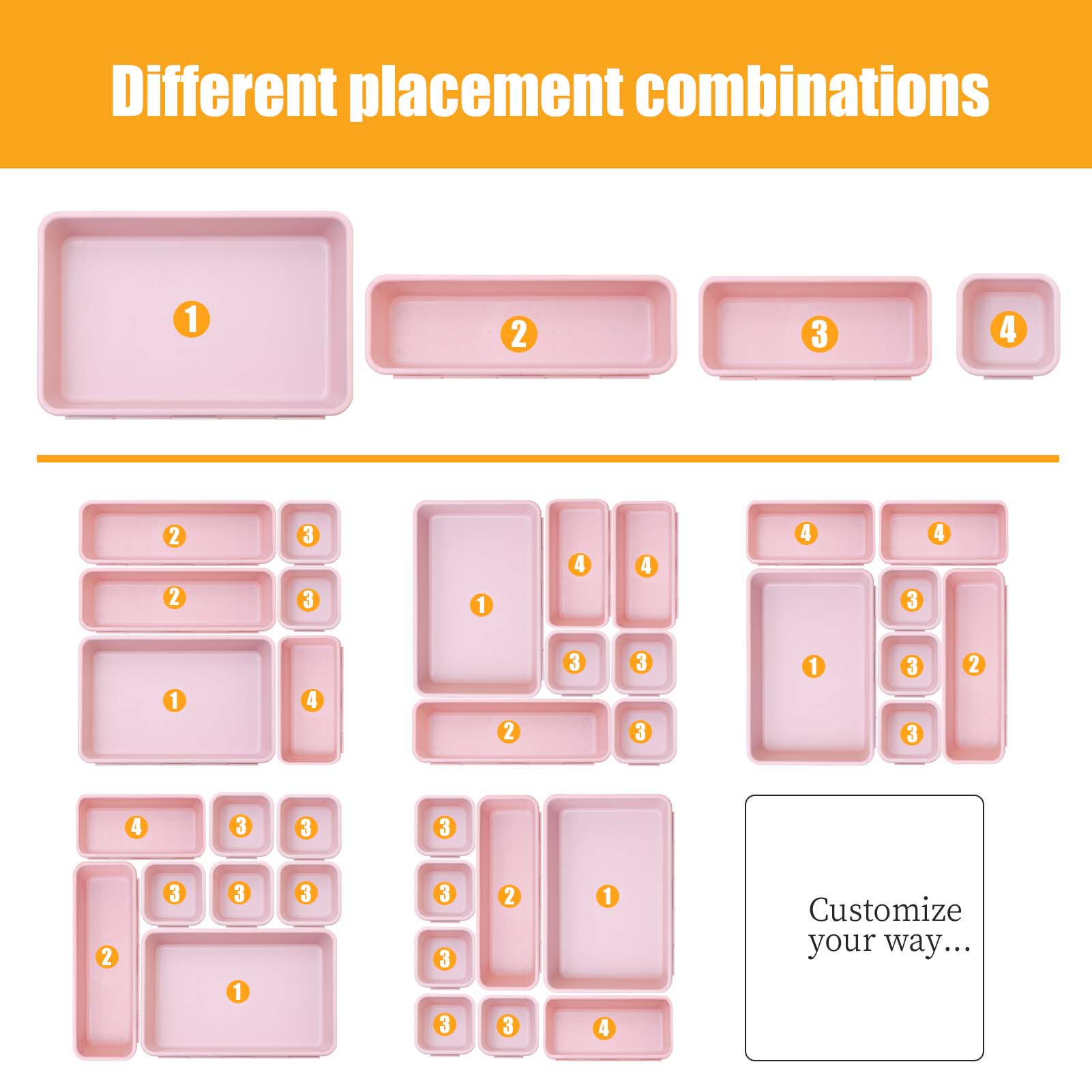 16-Piece Plastic Drawer Organizers Set, 4 Sizes Lightweight Storage Bins for Kitchen, Bathroom, Makeup & Office
