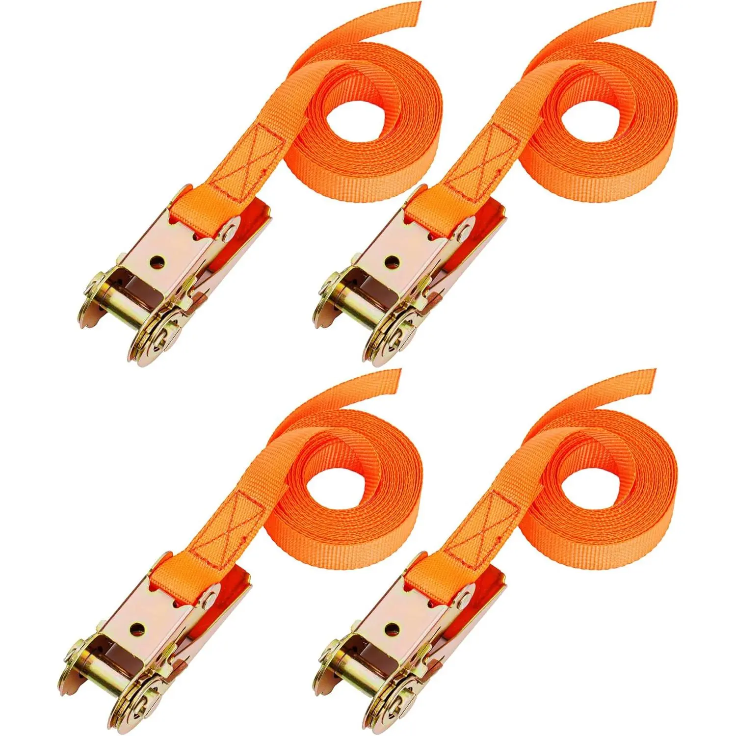 Synthetic 4 Lashing Straps with Ratchet - 4 Pack Orange 13 ft 0.9" Width, 400 lb Load Capacity, 1200 lb Break Strength, 180° Opening Design, Hookless Fit for Cargo, Trailer, Bed, Manufacturer Warranty