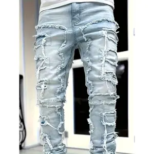 Men's Creative Tassel Straight Leg Jeans, Men's Casual Medium Stretch Street Style Hip Hop Barrel Jeans For All Seasons