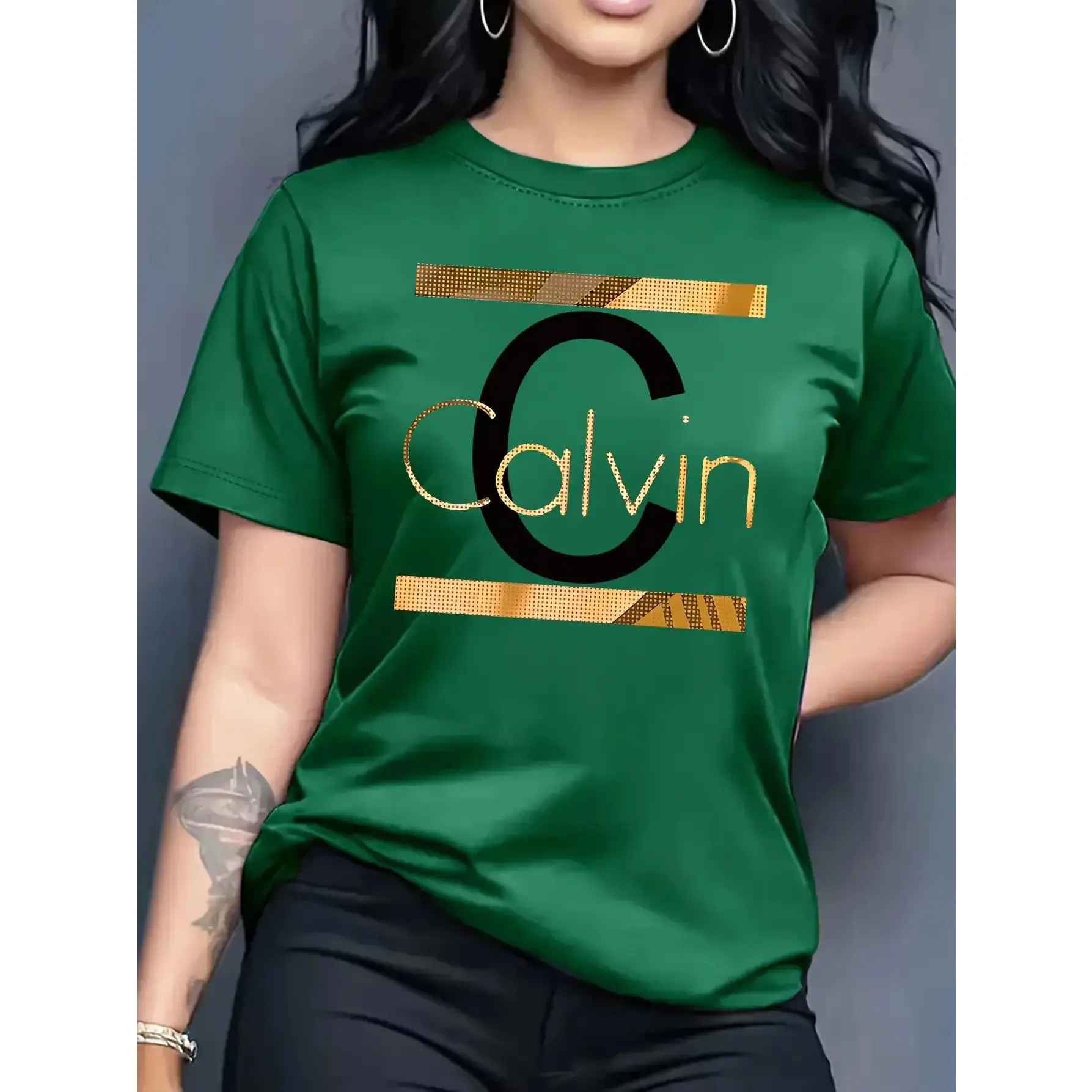 100% Cotton Calvin Women's Casual Short Sleeve Round Neck T-Shirt - Bold CALVIN Pattern Print and Gold Letter Geometric Pattern, Olive Green, Machine Washable Spring Summer Top, Smooth Fabric, Everyday Versatile, Fashion Design Fit Womenswear Tee Printed