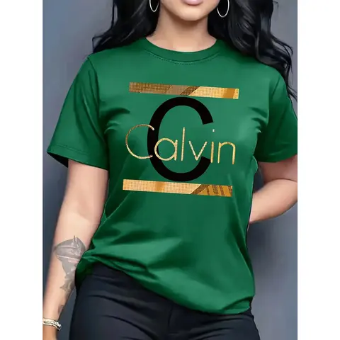 100% Cotton Calvin Women's Casual Short Sleeve Round Neck T-Shirt - Bold CALVIN Pattern Print and Gold Letter Geometric Pattern, Olive Green, Machine Washable Spring Summer Top, Smooth Fabric, Everyday Versatile, Fashion Design Fit Womenswear Tee Printed