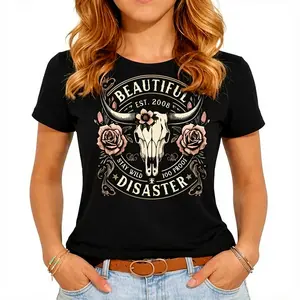 [100% Cotton] Women'S Western Cowboy Graphic  - Black Short Sleeve Crew Neck Top With Bull Skull & Floral Design, "" Vintage 2008 Text, Casual Spring/Summer Tee For Outdoor & Casual Attire  For Men And Women. T-Shirt