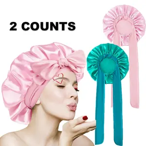 2 Pieces Satin Bonnet for Sleeping Women, Night Cap Ajustable Hair Bonnet for Curly Hair with Tie Band Hats Bow Haircare Heatless Black+Pink