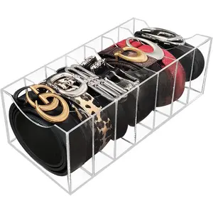 Belt Organizer Storage for Closet,  Belt Holder Box with 7 Compartments for Drawer, Clear Tie Display Case for Men Women,  Organization