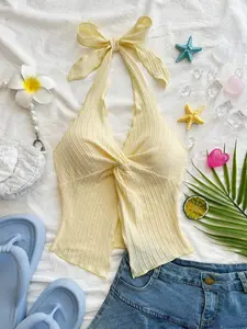 Fashion Basic Pure Color Sweet Fitted Short Summer Women's Tie Shoulder Front Twist Knot Split Top Halter Neck Cami