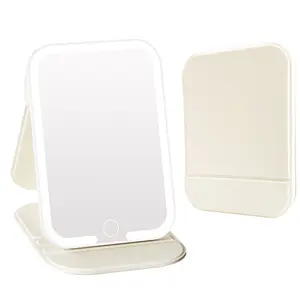 Rechargeable Travel Mirror with Light, LED Makeup Mirror with Lights, Portable Vanity Mirror with 3 Color Lighting, Touch Dimmable Lighted Cosmetic Mirror, Travel Essentials（ (Beige)