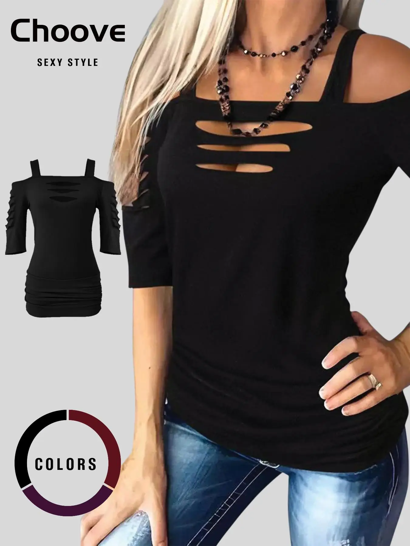 Women's Cut Out Cold Shoulder Ruched Tee, Summer Clothes Women, Casual 3/4 Sleeve T-shirt for Summer, Women's Clothing for Daily Wear