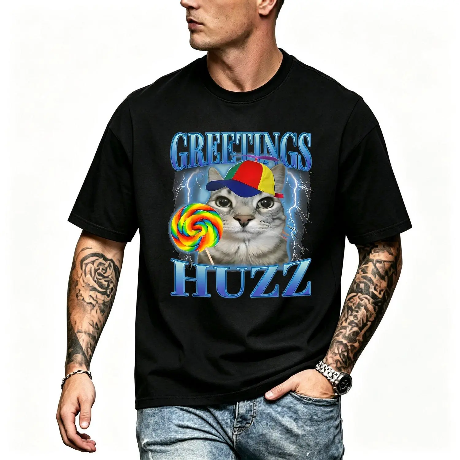 Men's Short-Sleeve Sports T-shirts Lollipop Cat Meme Greetings Huzz Funny Silly Cats Brainrot Graphic Tee Athletic Casual Wear