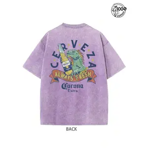 Graphic Tee Featuring Lizard Holding a Beer, "Corona Extra Always Fresh" Print, Retro Washed Pure Cotton, Double-Sided Design, Crew Neck Short Sleeve, Regular Fit, Vintage Streetwear, Unisex Casual Top for Men & Fall Wear