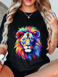 100% Cotton Colorful Lion Spirit Animal Multicolor Art Leo Lion T-Shirt
