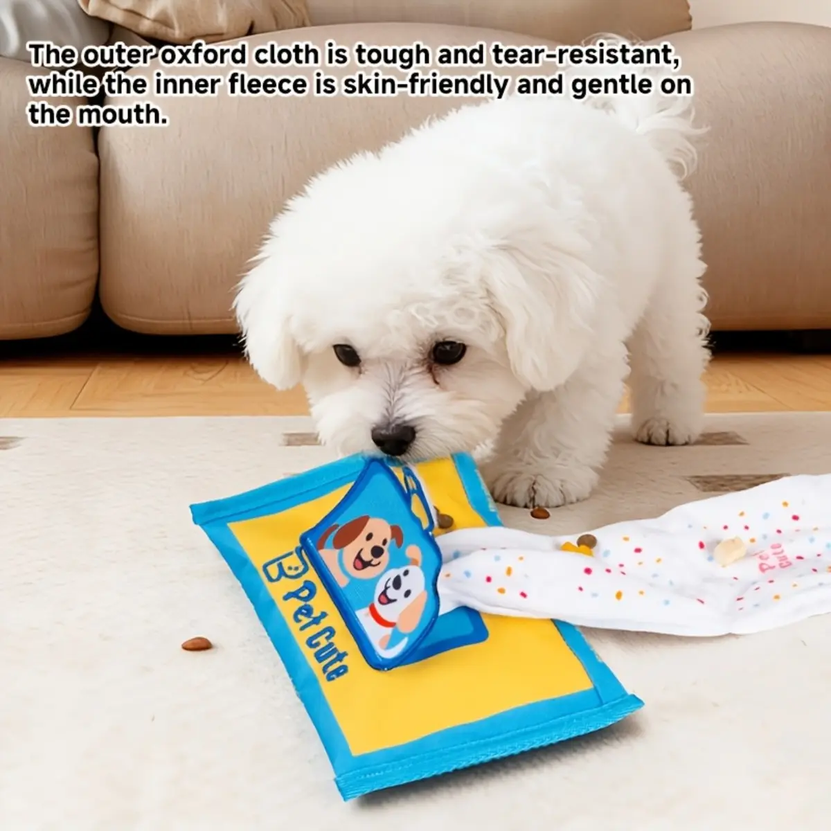 Dog Snuffle Treat Hiding Squeaky Toy, Wet Wipes Style Chew Resistant Food Dispensing Puzzle Training Toy, Self Play Stress Relief Slow Feeder Interactive Toy for Puppy Adult Dog Enrichment