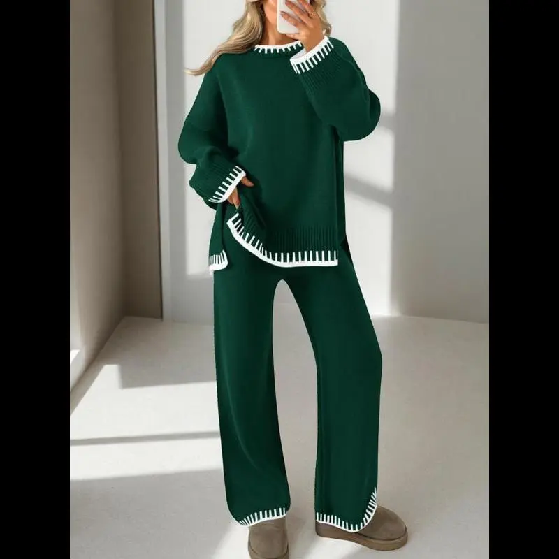Charming Women’s 2 Pcs Sweater Set, Long Sleeve Crew Neck Colorblock Top and Wide Leg Pants for Casual Loose Fit Fall Winter Knitwear, Viral Fashion, Timeless, Viral Style, OOTD, Statement, Aesthetic, Chic, Easy Wear