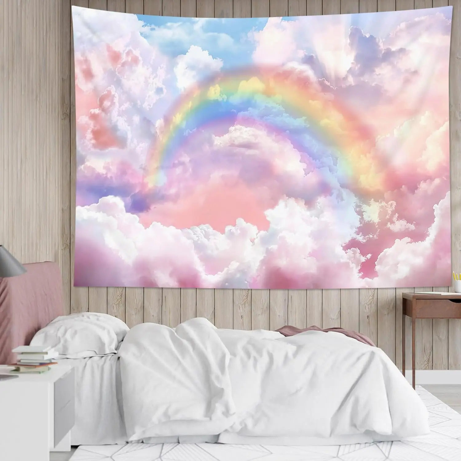 Rainbow Cloud Tapestry, Polyester Wall Art, Rainbow and Pink Cloud with Glow Sunshine in Pastel Sky, Aesthetic Nature Landscape, Bedroom Living Room Decor, 60x40 Inches