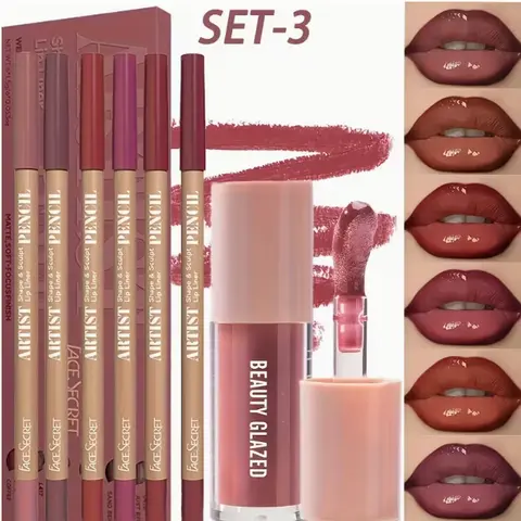Affordable High-Quality 7+6-Piece Lipstick & Feather-Resistant Lipliner Cosmetic Set - Lip Care Kit with Moisturizer, Hydrate Formula, Lipgloss Finish, Nourishing, Smooth, Long-Lasting, Gentle, Beginner-Friendly Berry-Toned Daily Gift