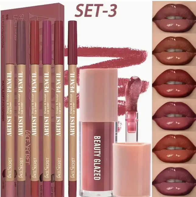 Affordable High Quality Lipstick and Lip Liner Set, 7 Pieces Complete Lip Makeup Combo Set, Moisturizing Hydrating Long Lasting Lipstick & Lip Liner Full Set, Shiny Glossy Finish Versatile Lip Makeup Kit for Beginners Daily Use
