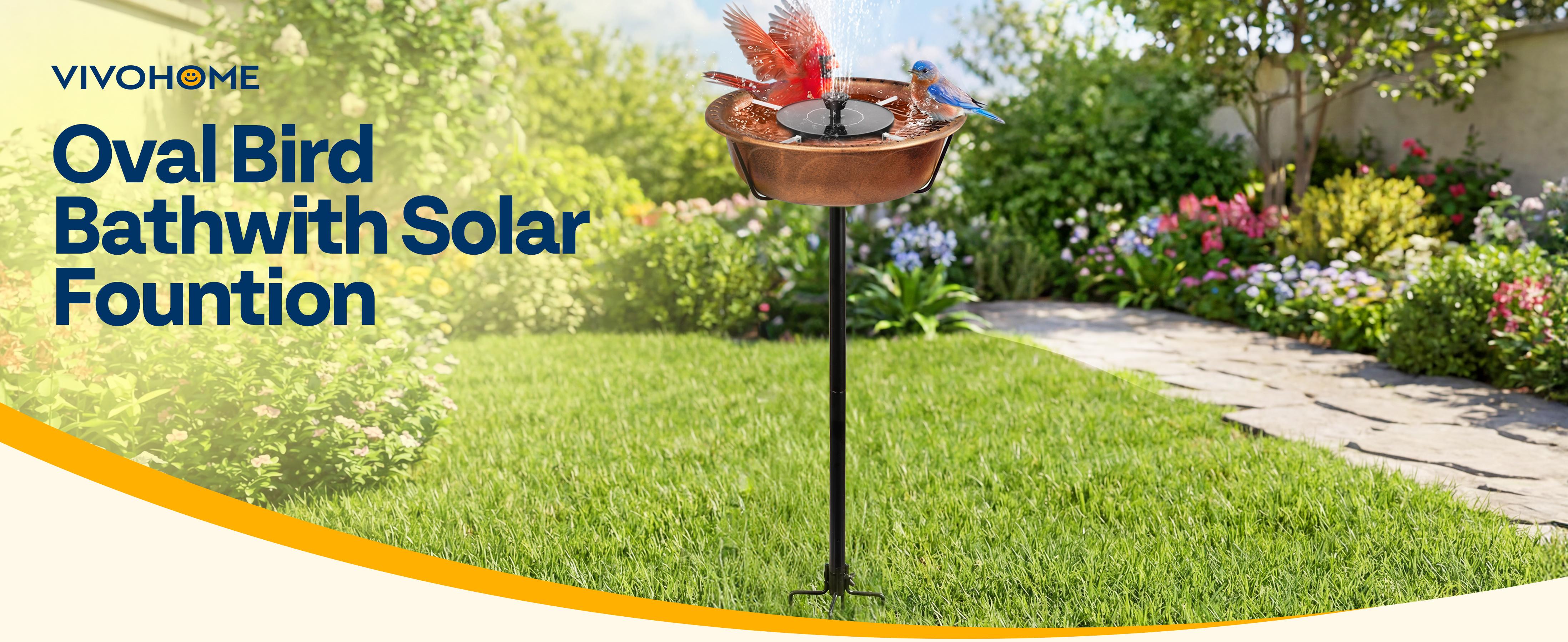 VIVOHOME Round Bird Bath with Solar Fountain for Outside, Weather-Resistant ABS Birdbath Bowl with Solar Powered Pump, Metal Ground Stake for Outdoor, Garden, 1.45 Gallons