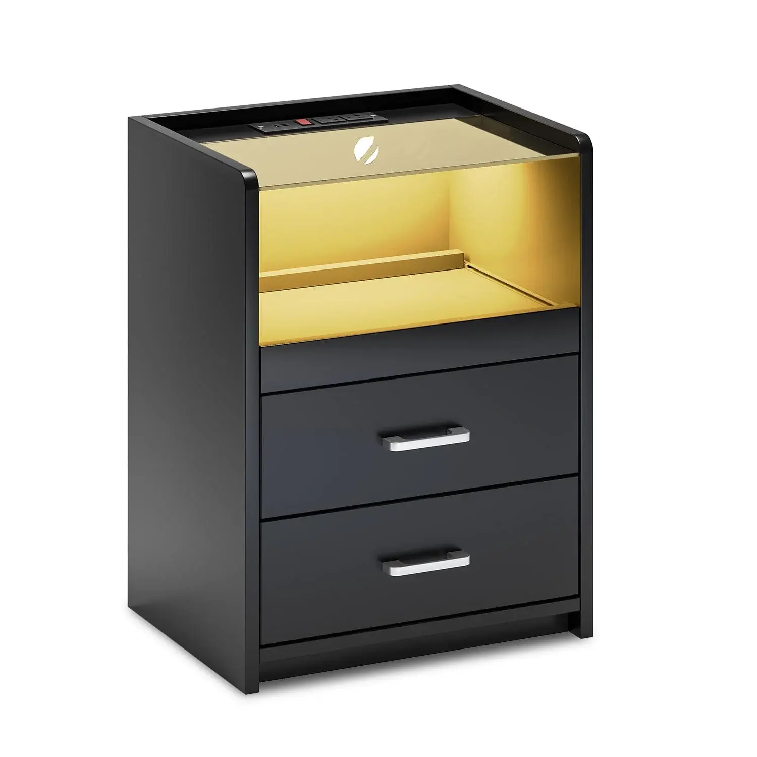 Sikaic LED Bed Side Table with Charging Station - Black 2-Drawer Bedroom Furniture with USB Ports and Power Outlets, Bed Side Tables