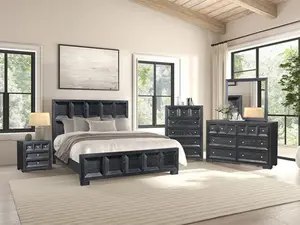 FM79011BK-4PC 4 pc Hatton cross weathered black finish wood paneled queen bedroom set USB plugs