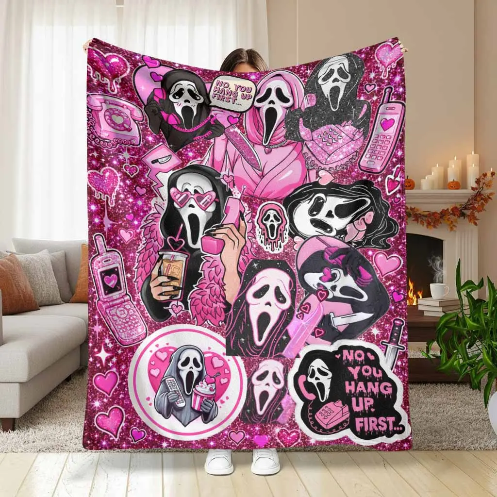 Pink Horror Movie Ghost Face Flannel Blanket Aesthetic Aesthetic Y2K Drip Heart Phone Print Super Soft Lightweight Plush Fuzzy Throw for Bed Sofa Living Room Bedroom Movie Night Bedding Gift