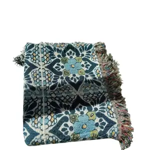 Talavera 50x60" Woven Blanket 100% Pure Cotton Fringed Edges Perfect for Mexican or Hispanic Home Decor Mexican Style. Tile blanket