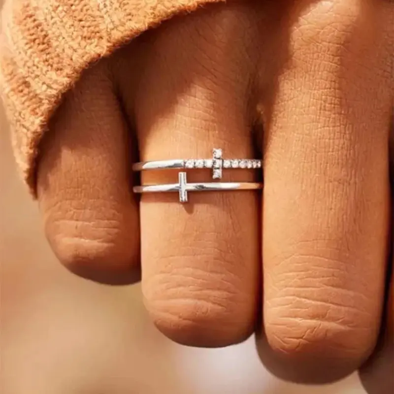 Rhinestone Decor Cross Design Double Layered Ring, Fashion Jewelry Accessories for Women & Girls, Matching Jewelry