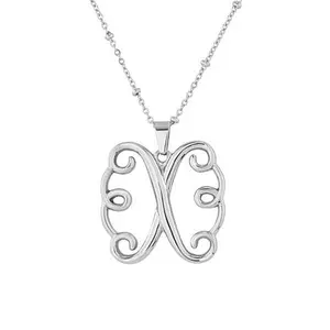 Stately Steel Scrolled Initial Pendant with 18" Beaded Chain Necklace