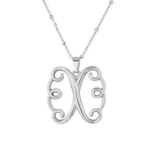 Stately Steel Scrolled Initial Pendant with 18" Beaded Chain Necklace