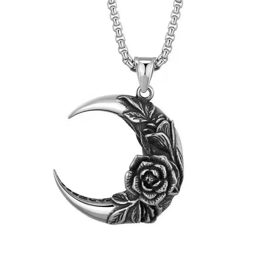 Silvery Retro Punk Moon Rose Pendant Matching Couple Necklaces - Affordable Fashion Alt/Emo Unisex Daily Accessories, Gothic Rap Rock Jewelry Gifts, Alt Necklaces, Emo Necklaces