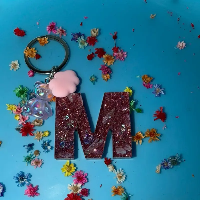 Glittery Resin Letter "M" Keychain with Pink Bear and Pink Cloud Charm Sparkling for Stylish Accessories Handmade Durable Glossy